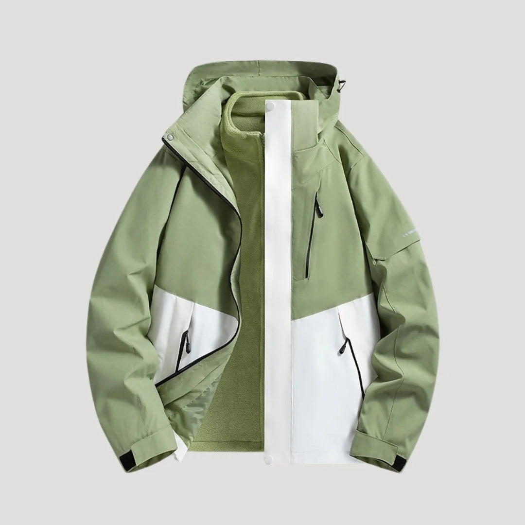 Green Women's Waterproof Hooded Windbreaker Jacket with Zip Front & Pockets
