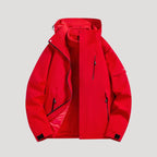 Red Women's Waterproof Hooded Windbreaker Jacket with Zip Front & Pockets