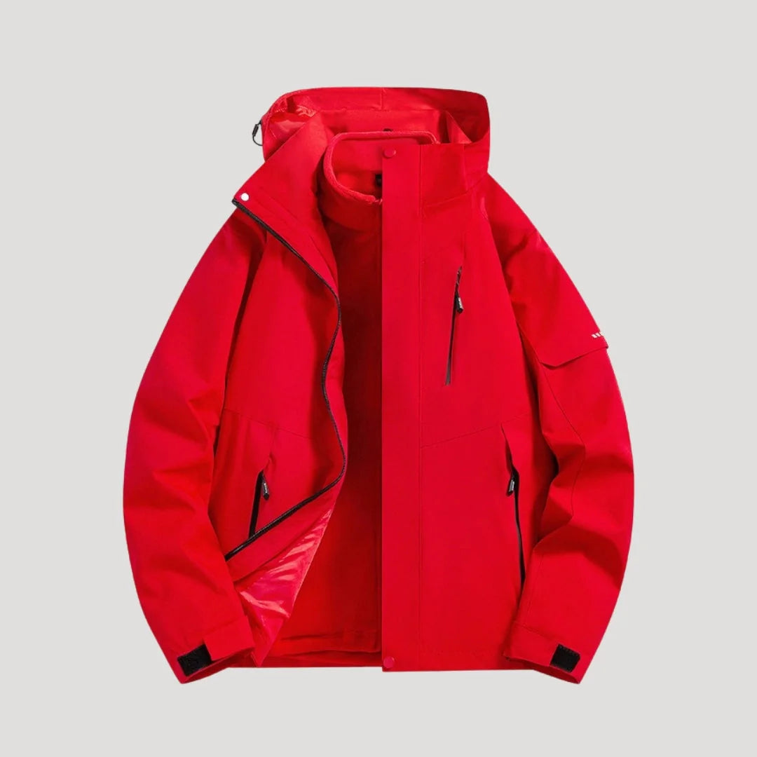 Red Women's Waterproof Hooded Windbreaker Jacket with Zip Front & Pockets