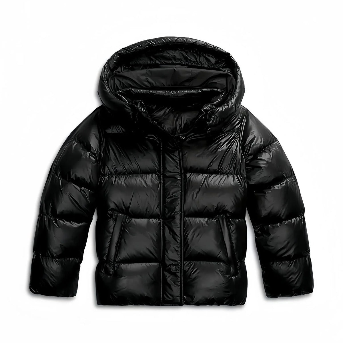 Black Women's Hooded Winter Jacket with Quilted Structure & Side Pockets - Front Full