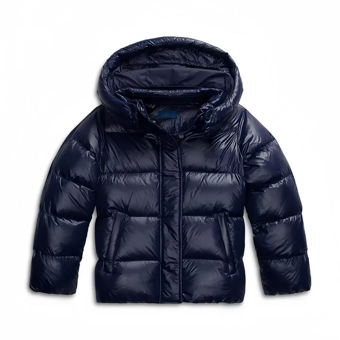 Dark Blue Women's Hooded Winter Jacket with Quilted Structure & Side Pockets - Front Full