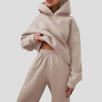Beige Women's Hoodie Jogger Set with Drawstring Hood & Side Pockets