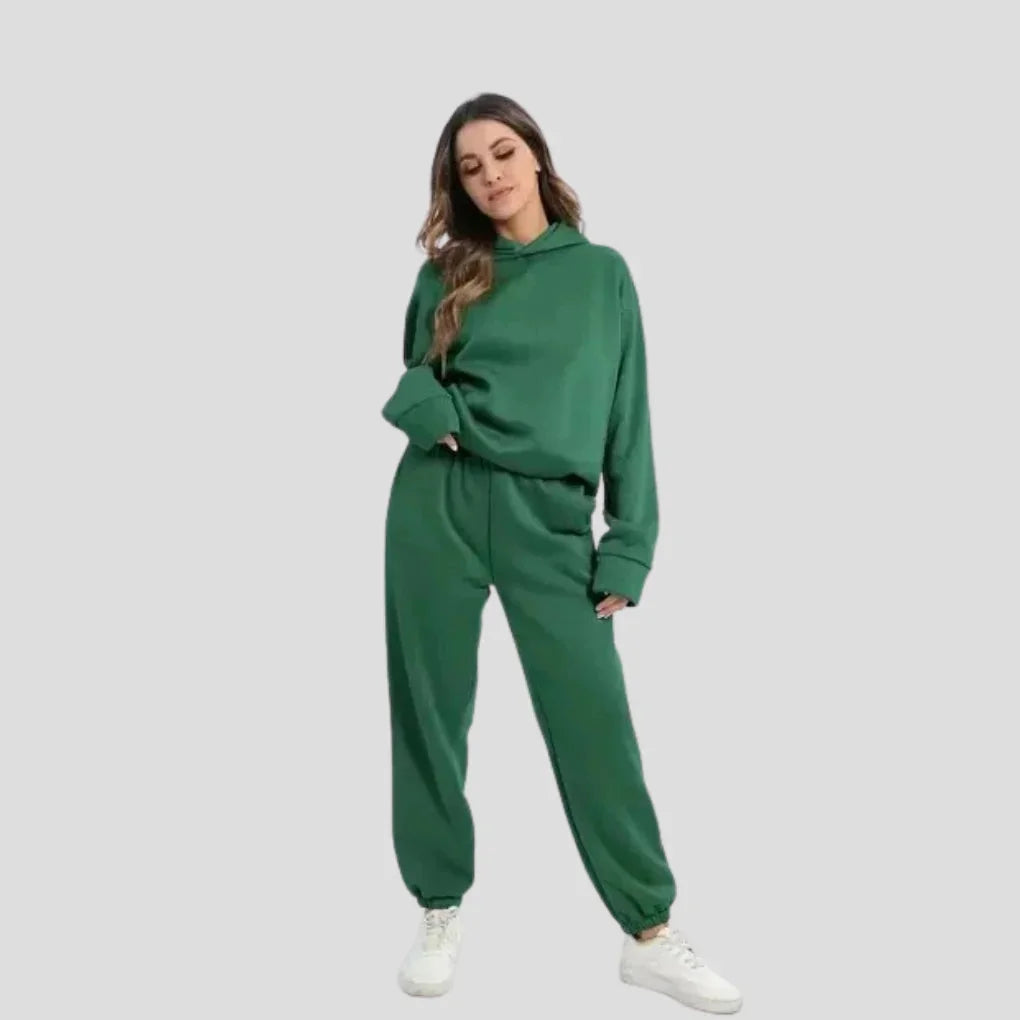 Dark Green Women's Hoodie Jogger Set with Drawstring Hood & Side Pockets