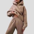 Khaki Women's Hoodie Jogger Set with Drawstring Hood & Side Pockets