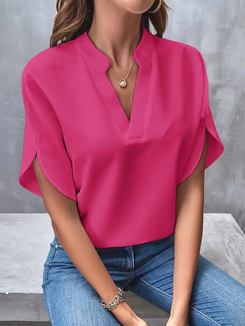 Women's Casual Blouse with Split Flutter Sleeves & Notch Neckline — Darcy