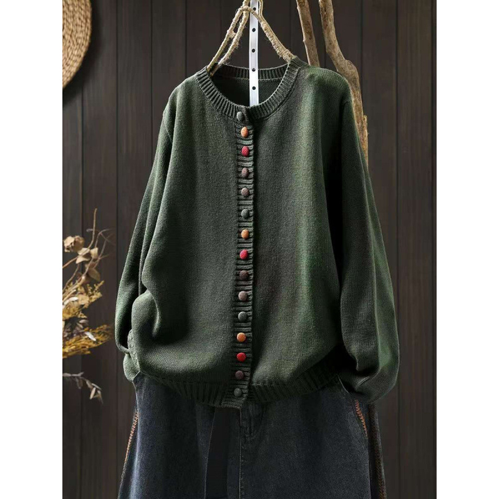 Army Green Women's Colorful Knit Cardigan — Nola Button-Front Crew Neck Oversized