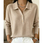Khaki Women's Polo Collar Sweater with Button-Front Placket & Relaxed Fit