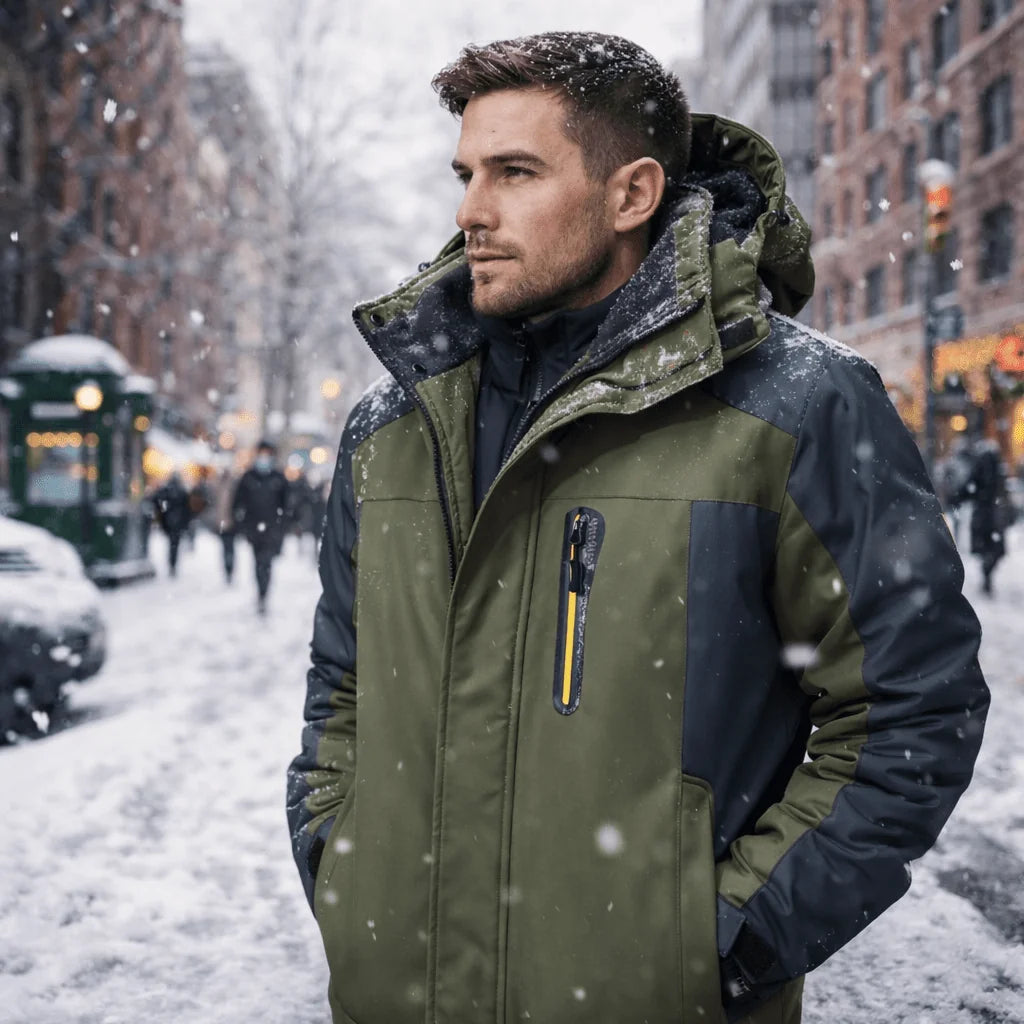 Men's Insulated Hooded Winter Jacket with Zip Pockets & Relaxed Fit - Close Up Portrait