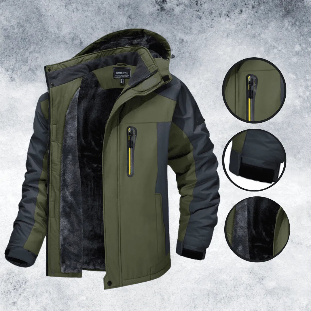 Men's Insulated Hooded Winter Jacket with Zip Pockets & Relaxed Fit - Green Detail Callouts