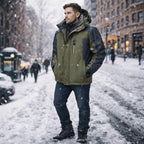 Army Green Men's Insulated Hooded Winter Jacket with Zip Pockets & Relaxed Fit - Full Body Pose