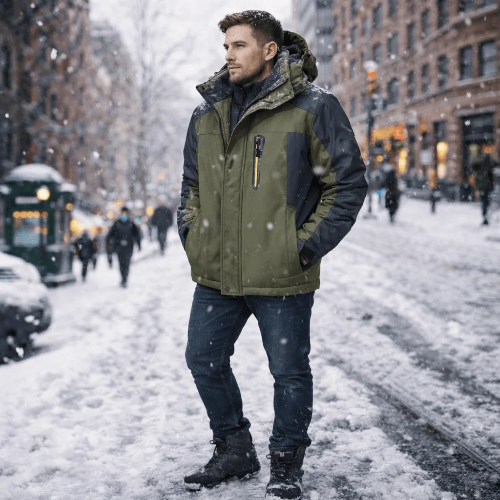 Army Green Men's Insulated Hooded Winter Jacket with Zip Pockets & Relaxed Fit - Full Body Pose