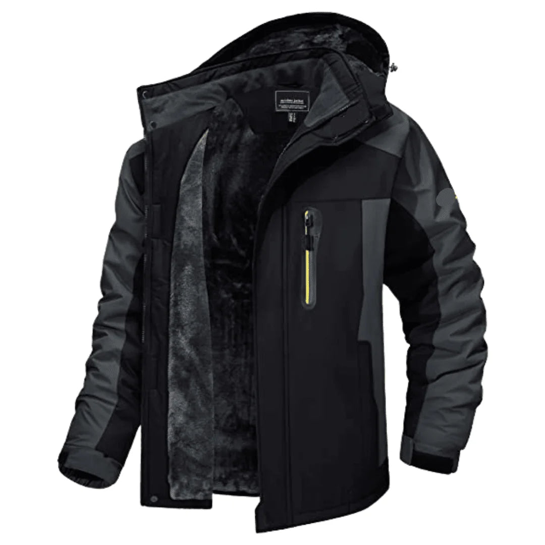 Black Men's Insulated Hooded Winter Jacket with Zip Pockets & Relaxed Fit
