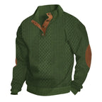 Army Green Men's Jacquard Sweater with Button-Front Placket & Relaxed Fit - Front Full Angle