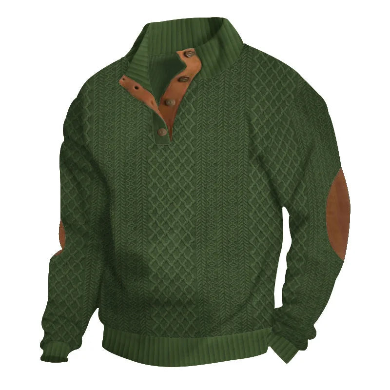 Army Green Men's Jacquard Sweater with Button-Front Placket & Relaxed Fit - Front Full Angle
