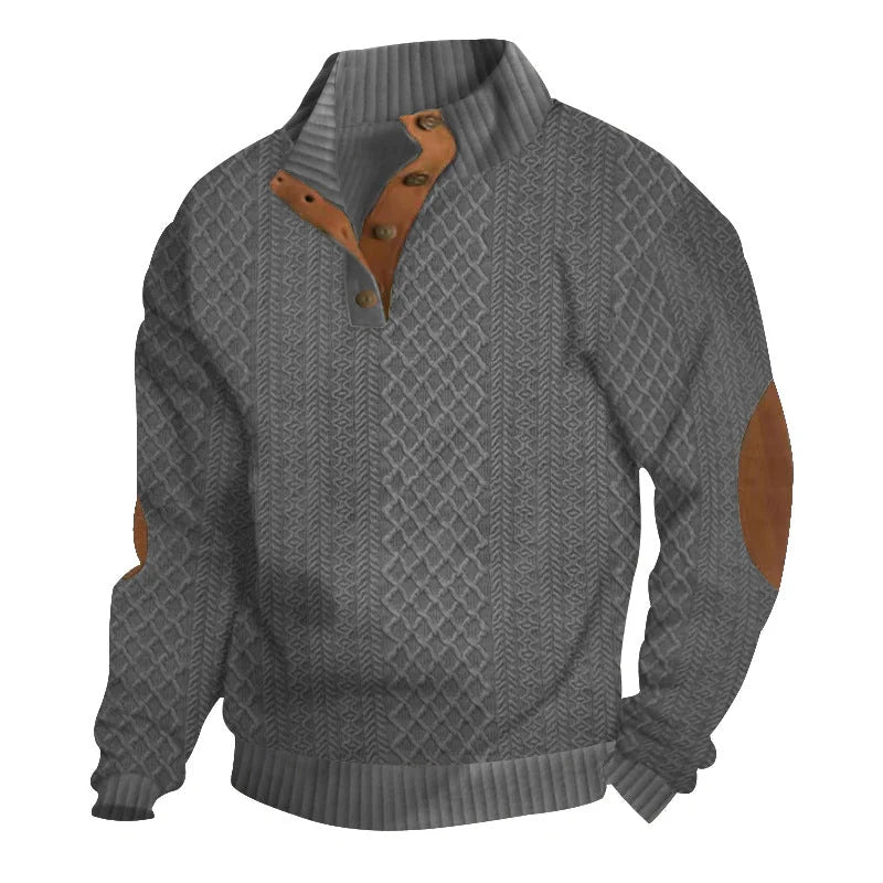 Dark Grey Men's Jacquard Sweater with Button-Front Placket & Relaxed Fit