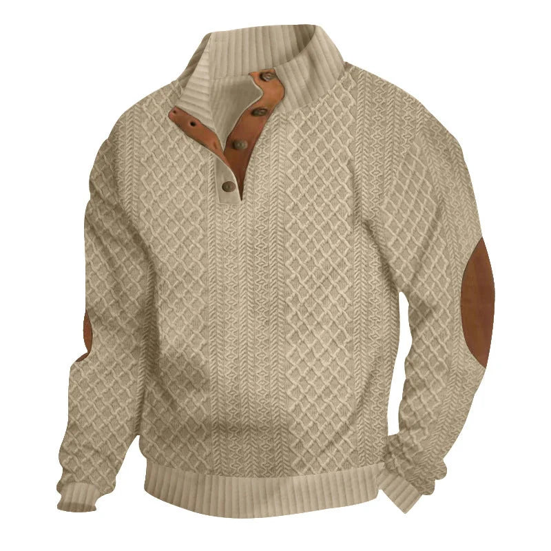 Khaki Men's Jacquard Sweater with Button-Front Placket & Relaxed Fit
