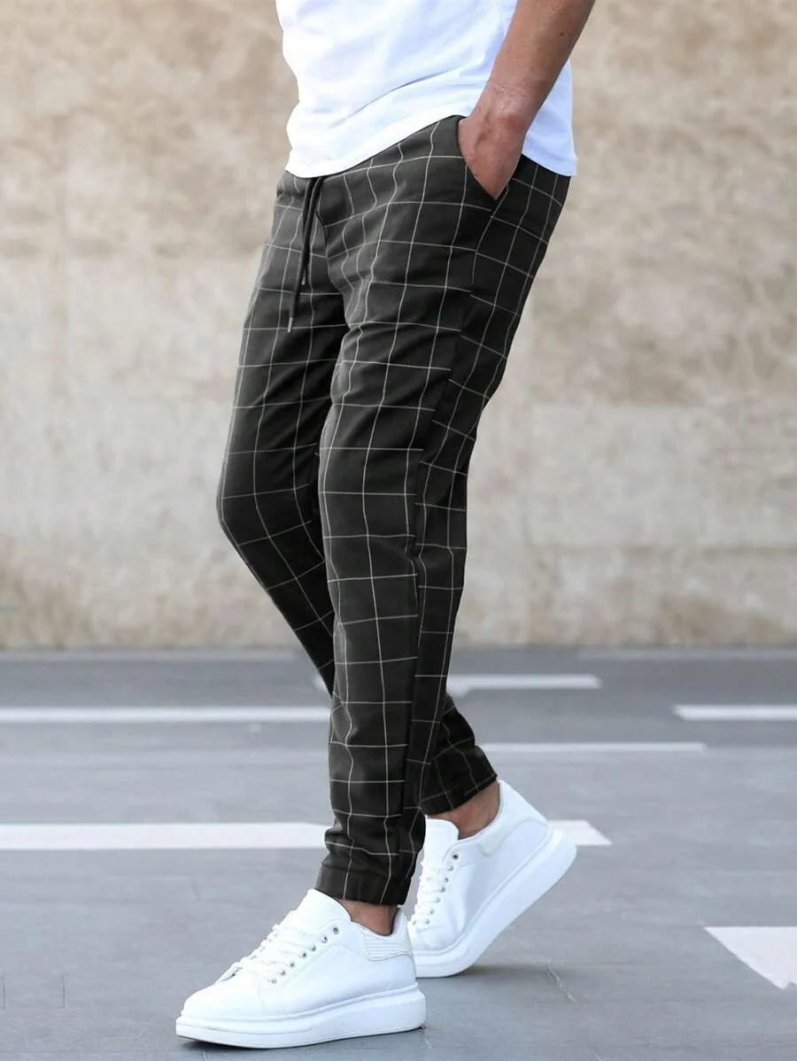 Men's Plaid Trousers with Drawstring Waist & Tapered Cuffed Fit - Standing Pose