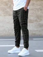Black Men's Plaid Trousers with Drawstring Waist & Tapered Cuffed Fit