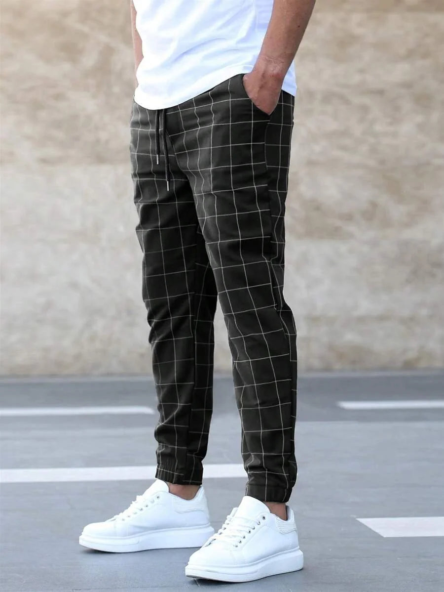Black Men's Plaid Trousers with Drawstring Waist & Tapered Cuffed Fit
