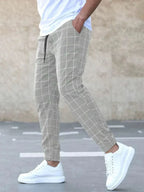 Men's Plaid Trousers with Drawstring Waist & Tapered Cuffed Fit - Walking Stride