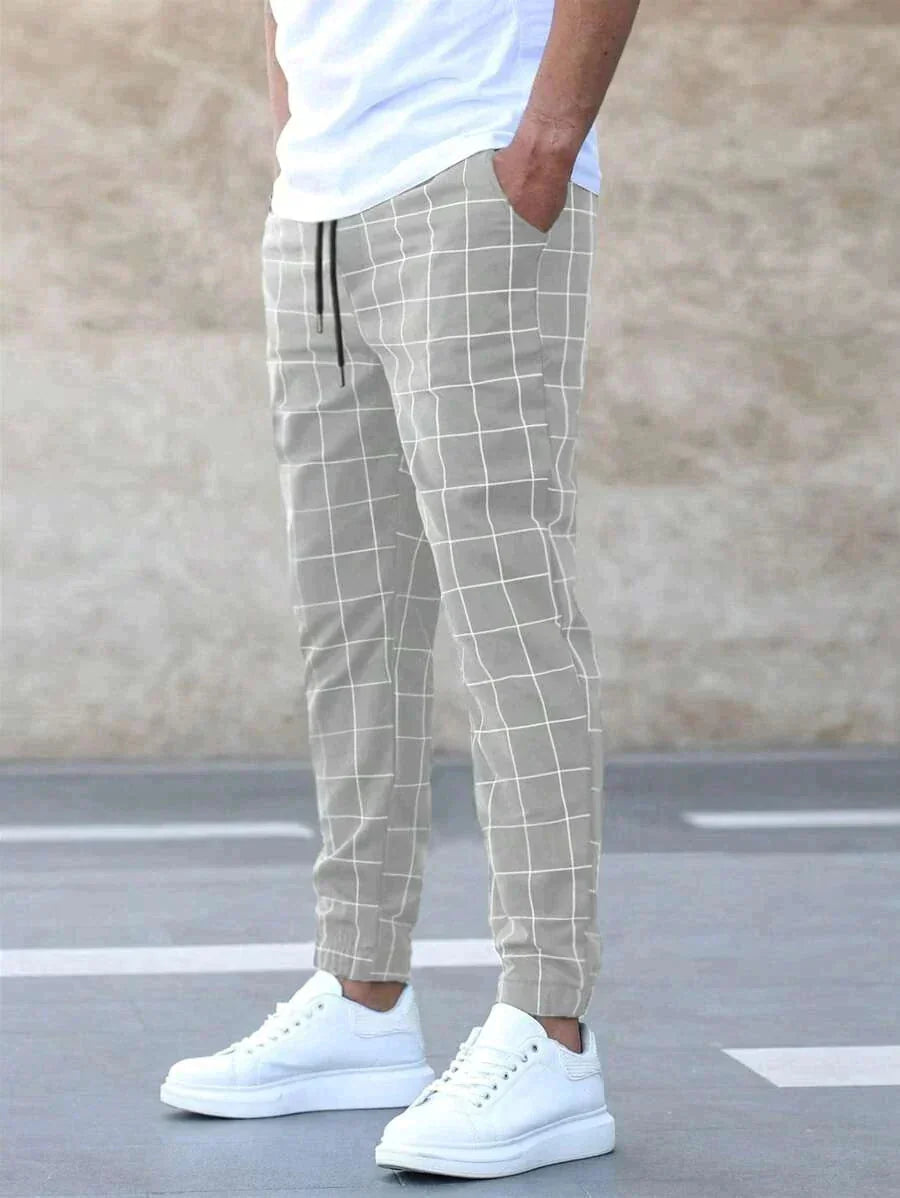 Light Grey Men's Plaid Trousers with Drawstring Waist & Tapered Cuffed Fit
