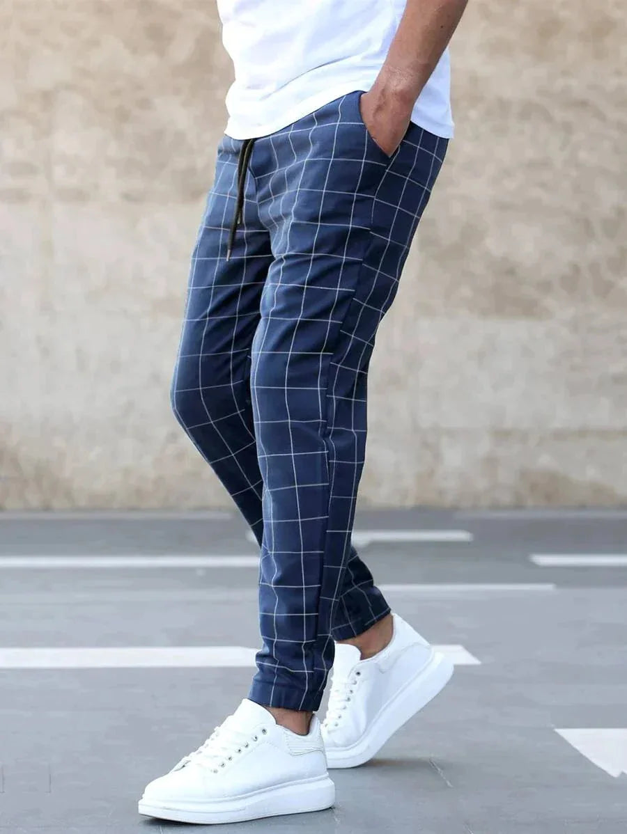 Men's Plaid Trousers with Drawstring Waist & Tapered Cuffed Fit - Walking Motion