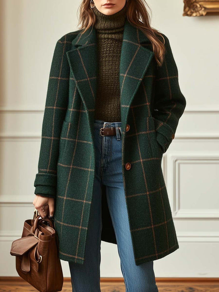 Dark Green Women's Plaid Wool Coat with Notched Lapel & Relaxed Fit