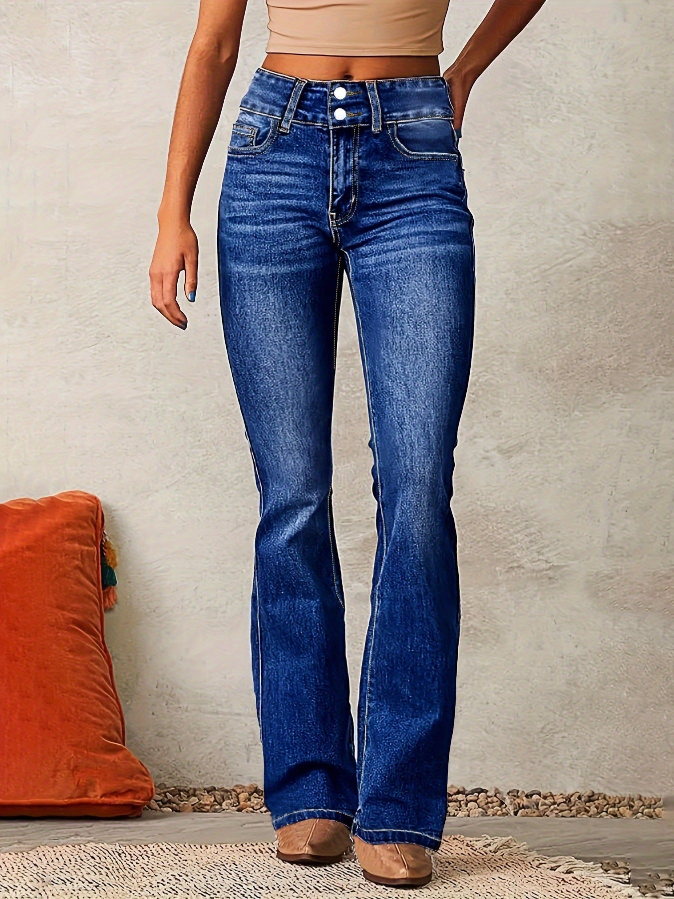 Dark Blue Women's High-Waisted Bootcut Jeans — Janie Stretchy Double-Button Denim