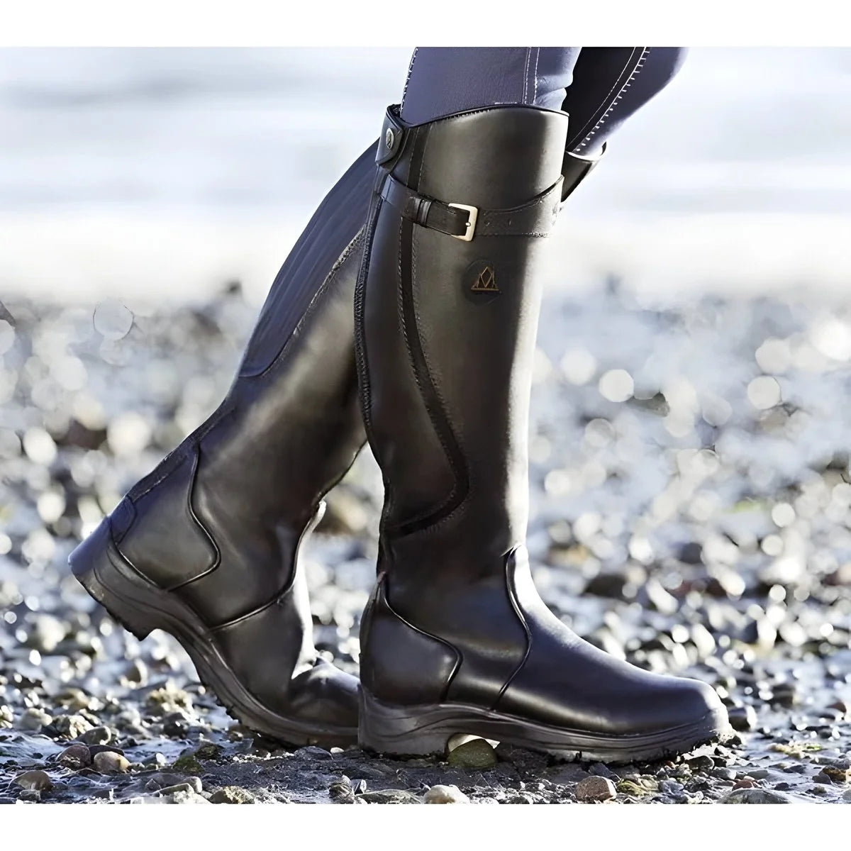 Black Women's Waterproof Leather Knee High Riding Boots with Cushioned Footbed - Beach Walking