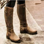 Brown Women's Waterproof Leather Knee High Riding Boots with Cushioned Footbed — Tara - Studio Front Full