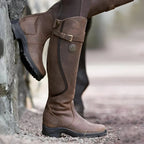 Dark Brown Women's Waterproof Leather Knee High Riding Boots with Cushioned Footbed - Outdoor Pose