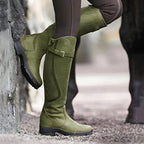 Green Women's Waterproof Leather Knee High Riding Boots with Cushioned Footbed - Side Detail