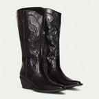 Black Women's Western Boots — May Cushioned Pointed-Toe Embroidered - Front Angled Pair
