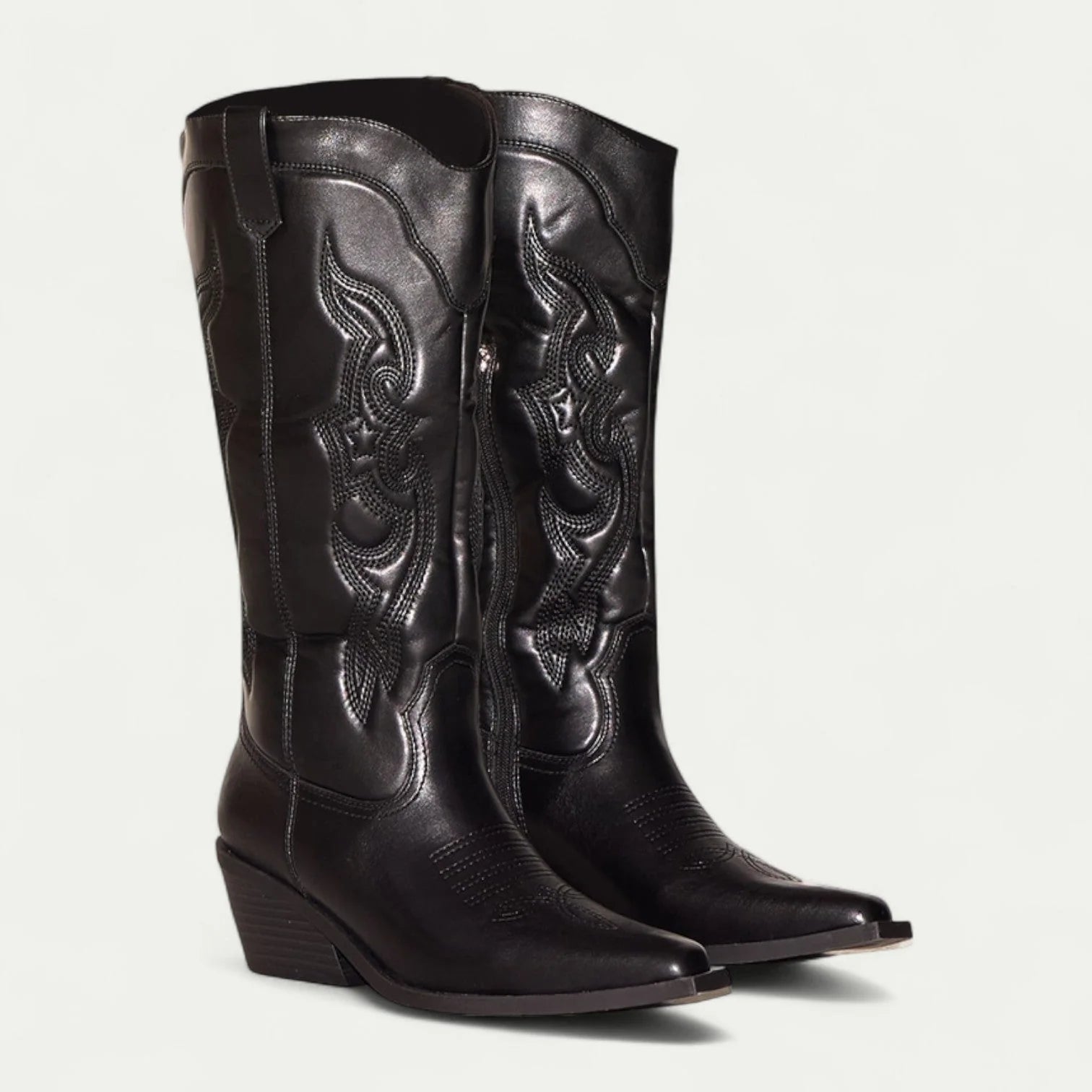 Black Women's Western Boots — May Cushioned Pointed-Toe Embroidered - Front Angled Pair