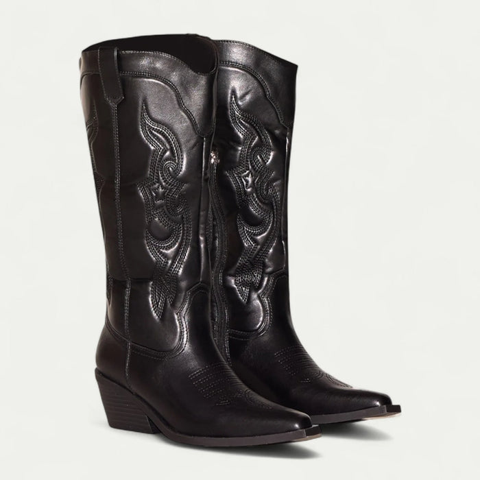 Black Women's Western Boots — May Cushioned Pointed-Toe Embroidered - Front Angled Pair
