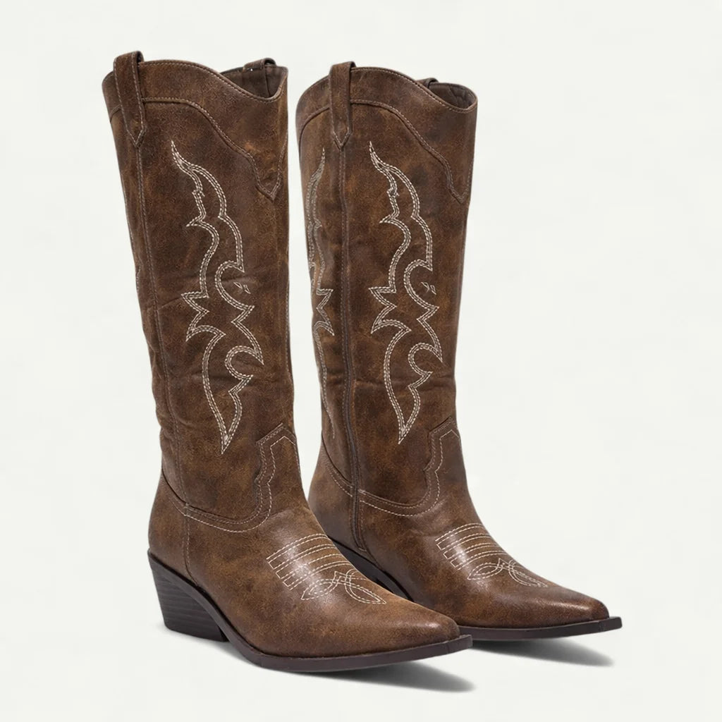 Brown Women's Western Boots — May Cushioned Pointed-Toe Embroidered - Front Pair