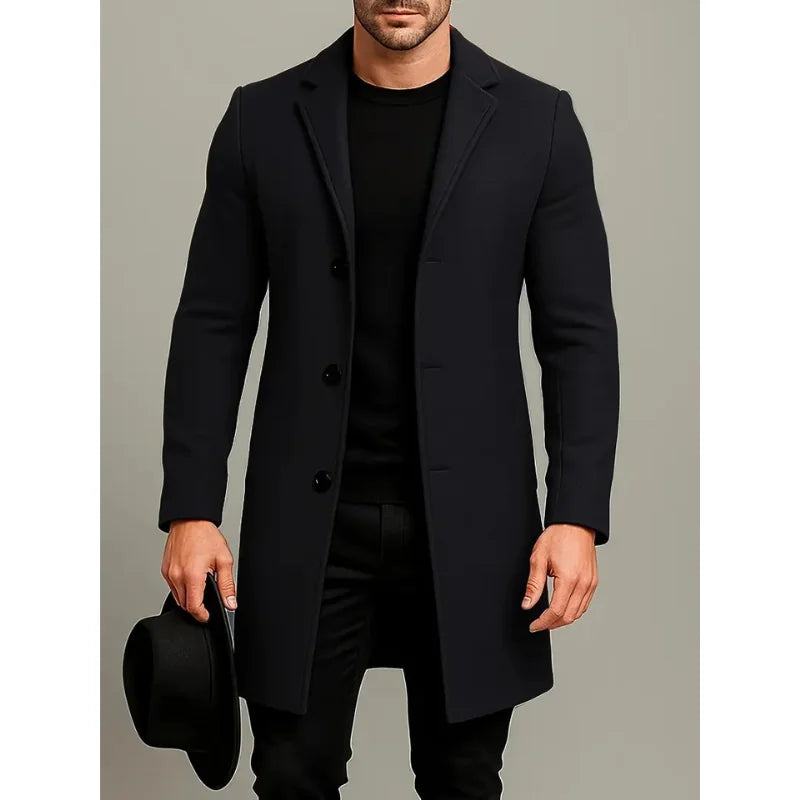 Black Men's Knee Length Wool Coat with Notched Lapel & Button Front
