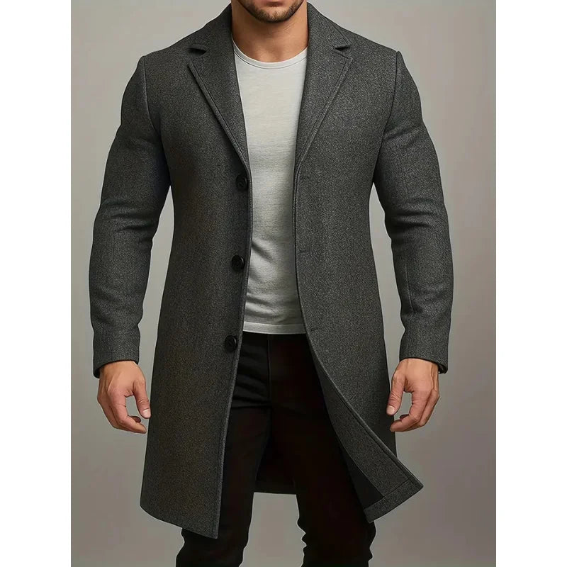 Dark Grey Men's Knee Length Wool Coat with Notched Lapel & Button Front — Thomas