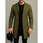Green Men's Knee Length Wool Coat with Notched Lapel & Button Front