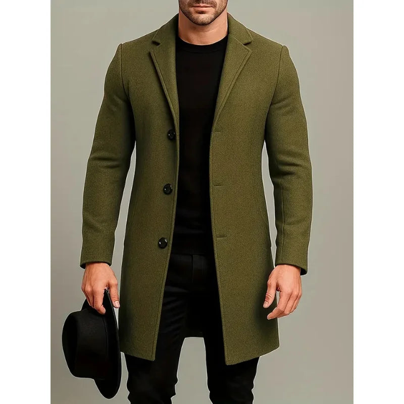Green Men's Knee Length Wool Coat with Notched Lapel & Button Front