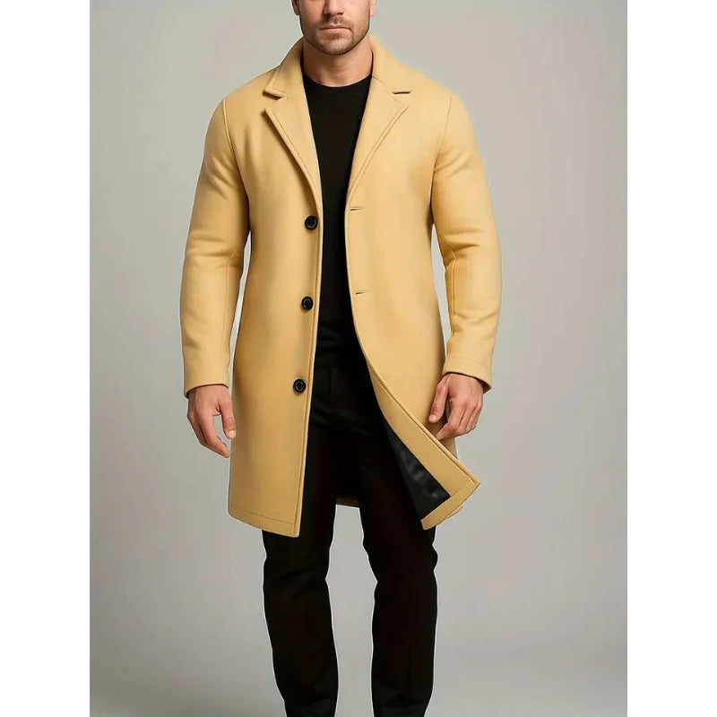 Khaki Men's Knee Length Wool Coat with Notched Lapel & Button Front