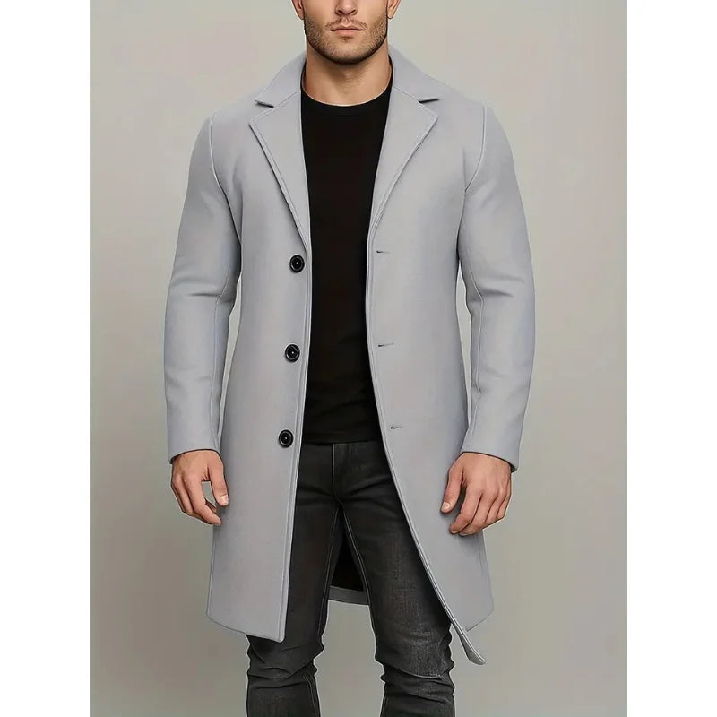 Light Grey Men's Knee Length Wool Coat with Notched Lapel & Button Front