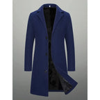 Navy Blue Men's Knee Length Wool Coat with Notched Lapel & Button Front - Flat Lay
