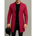 Red Men's Knee Length Wool Coat with Notched Lapel & Button Front