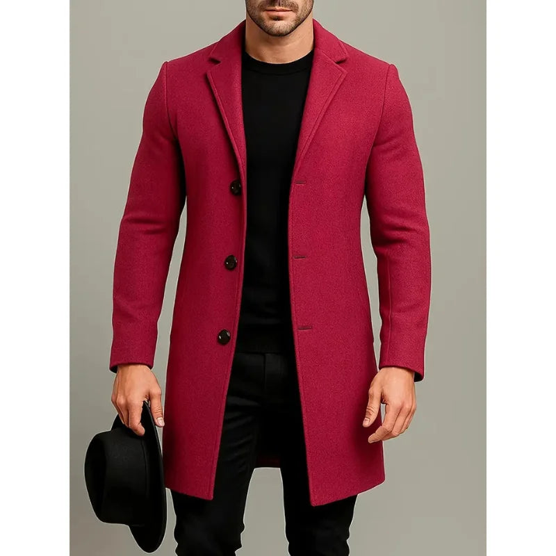 Red Men's Knee Length Wool Coat with Notched Lapel & Button Front