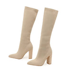 Apricot Women's Knit Knee High Boots with Block Heel & Pointed Toe - Studio Pair Angle