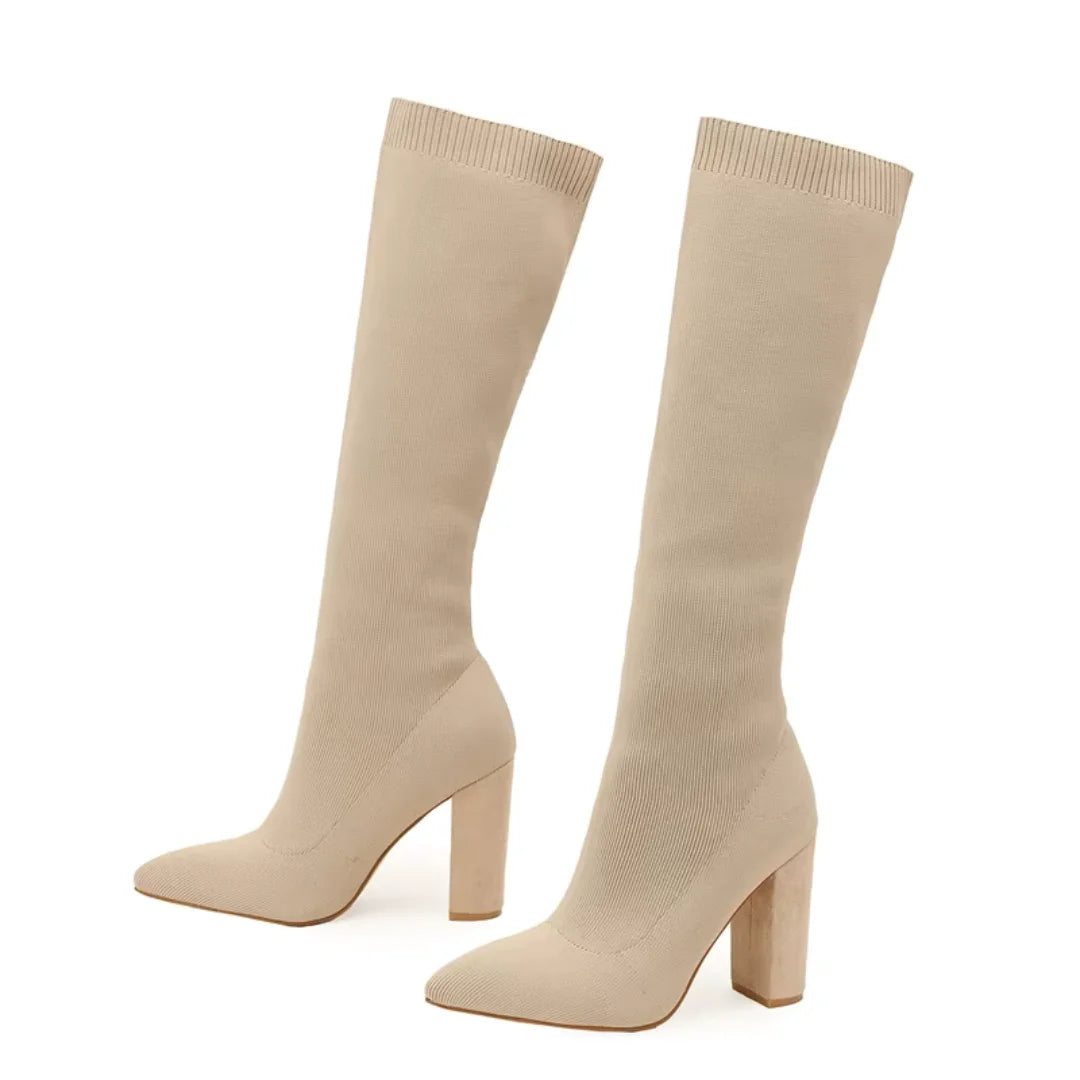 Apricot Women's Knit Knee High Boots with Block Heel & Pointed Toe - Studio Pair Angle