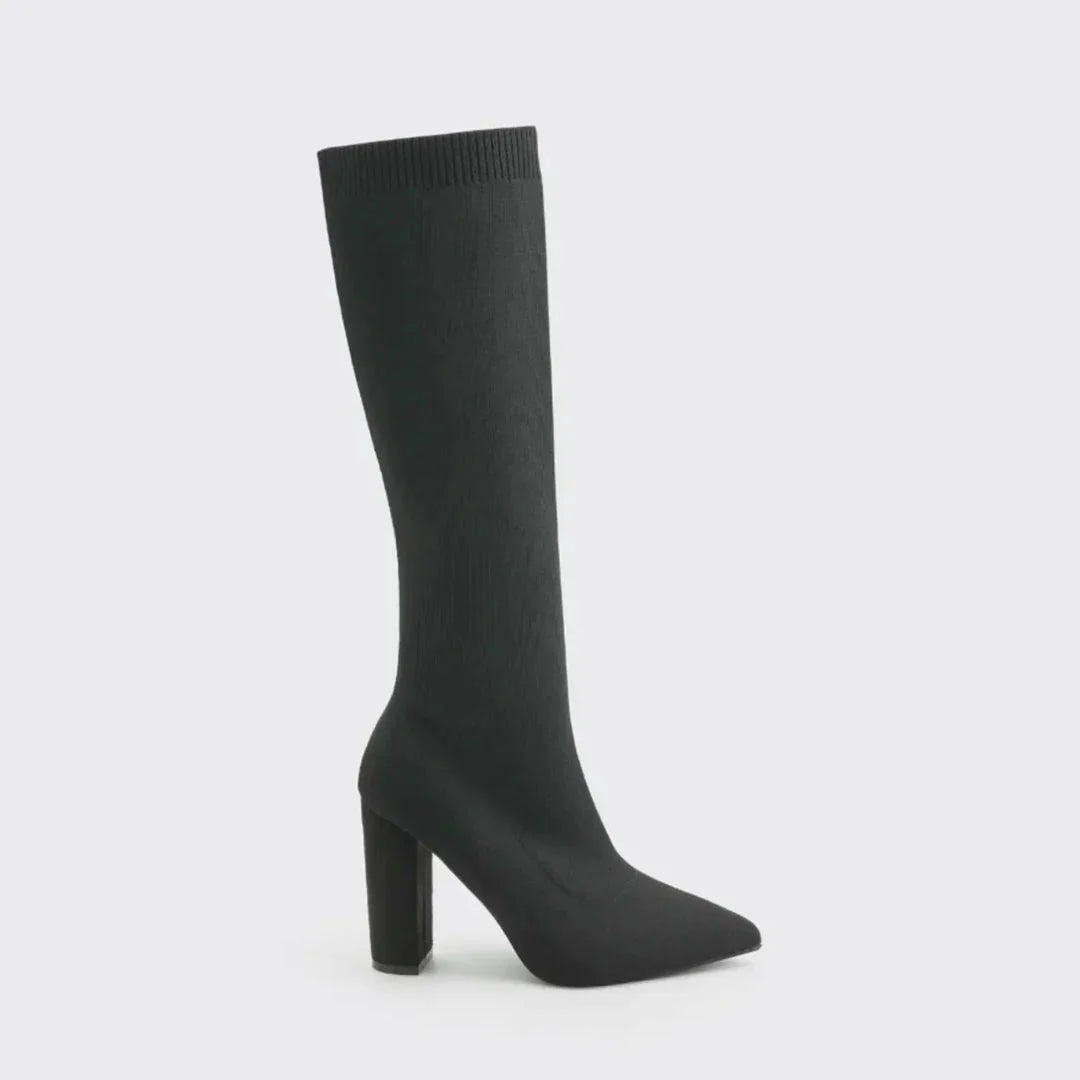 Women's Knit Knee High Boots with Block Heel & Pointed Toe - Studio Side Single