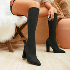 Women's Knit Knee High Boots with Block Heel & Pointed Toe - Worn Lifestyle Seated