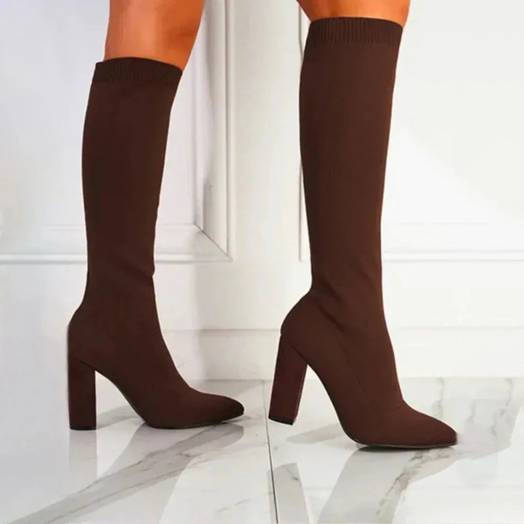 Brown Women's Knit Knee High Boots with Block Heel & Pointed Toe - Side Walking